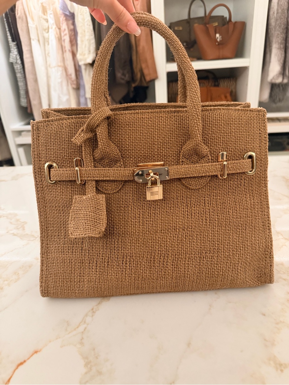 Woven Top Handle Bag Brown Gold Hardware